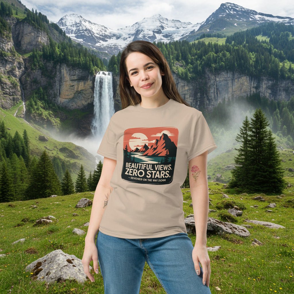 Beige hiking T-shirt with mountain “Beautiful Views. Zero Stars” graphic