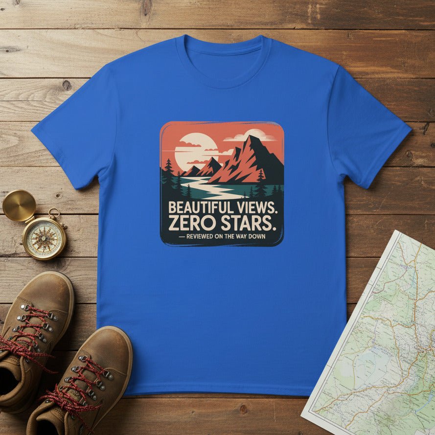 Royal blue hiking T-shirt with mountain graphic and "Beautiful Views. Zero Stars" slogan