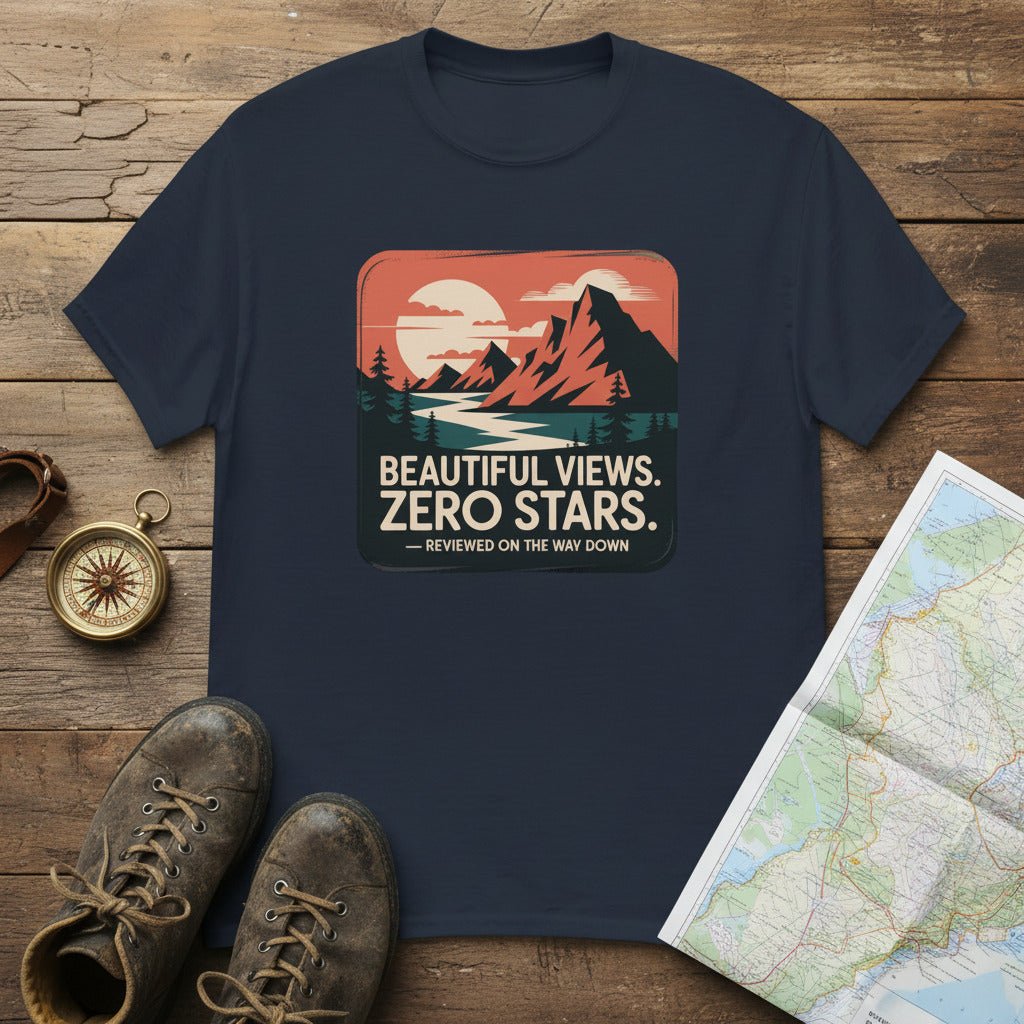 Navy hiking T-shirt with mountain “Beautiful Views. Zero Stars” graphic