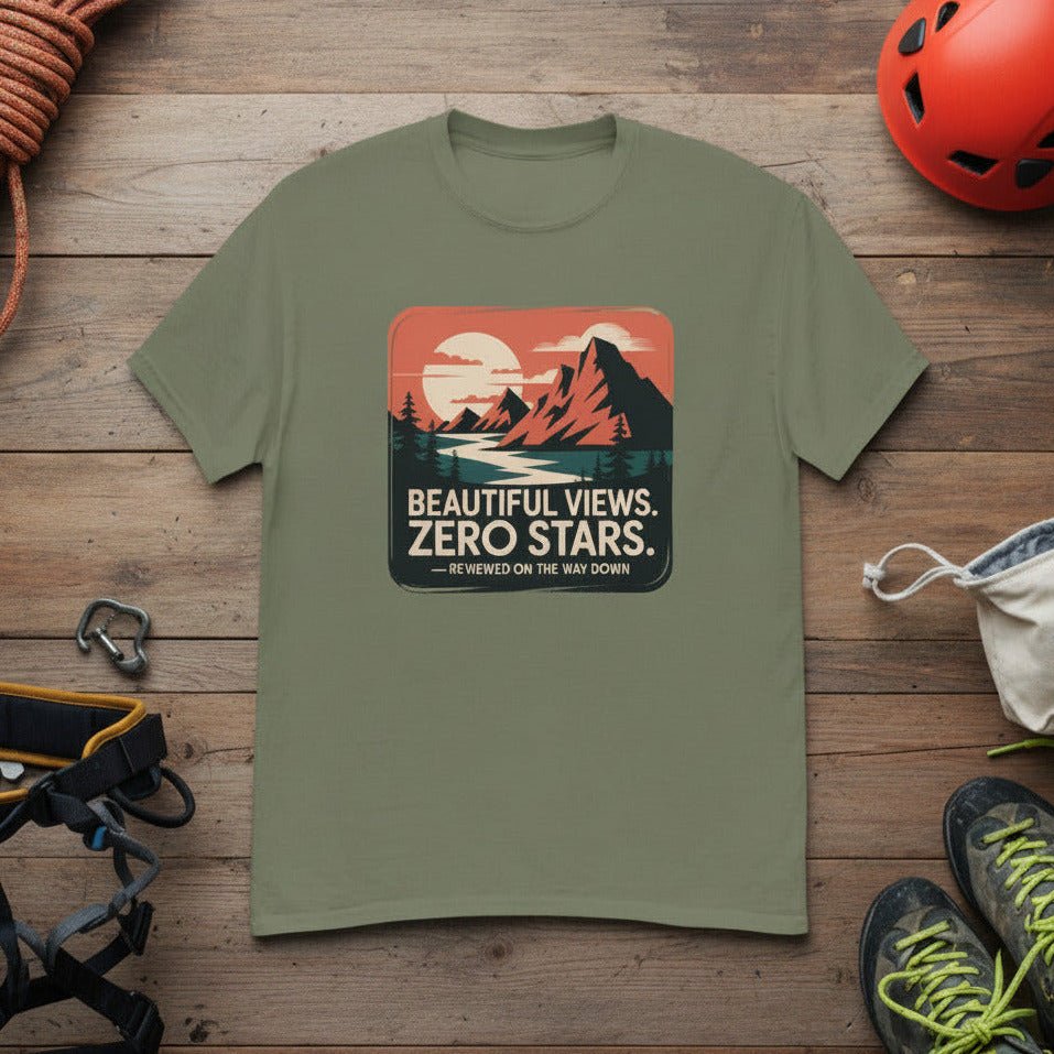 Forest green hiking T-shirt with mountain “Beautiful Views. Zero Stars” graphic