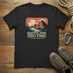 Black hiking T-shirt with mountain “Beautiful Views. Zero Stars” graphic